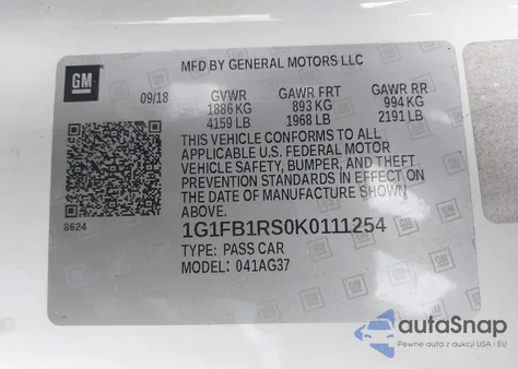 2019 Chevrolet Camaro 1Lt z USA, uszkodzony, nr VIN 1G1FB1RS0K0111254